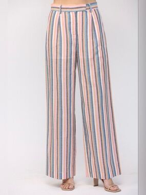 Striped Wide Leg Linen-Blend Pants in Pastel Pink/ Blue Multi I Size Small
